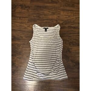 WHBM | White & Black Striped Tank Top with Beaded Neckline Medium Classic Preppy